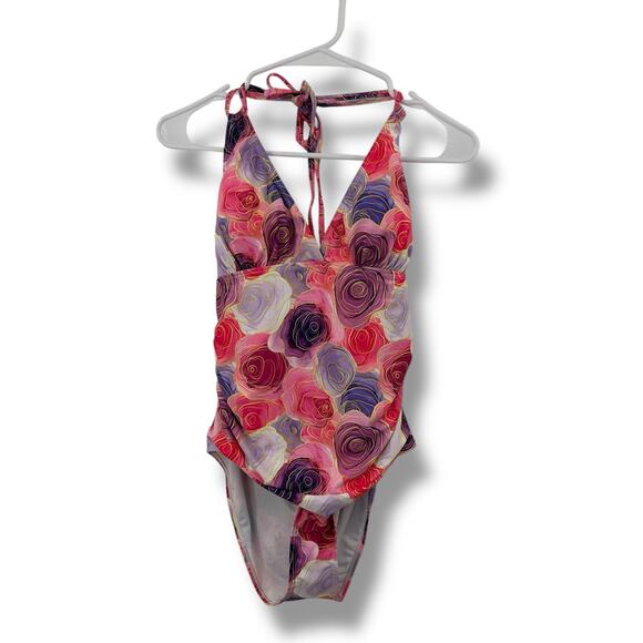 NWT Joan Vass Pink Rose Floral One Piece Swimsuit Size Medium Halter Ruched NEW - Picture 1 of 8